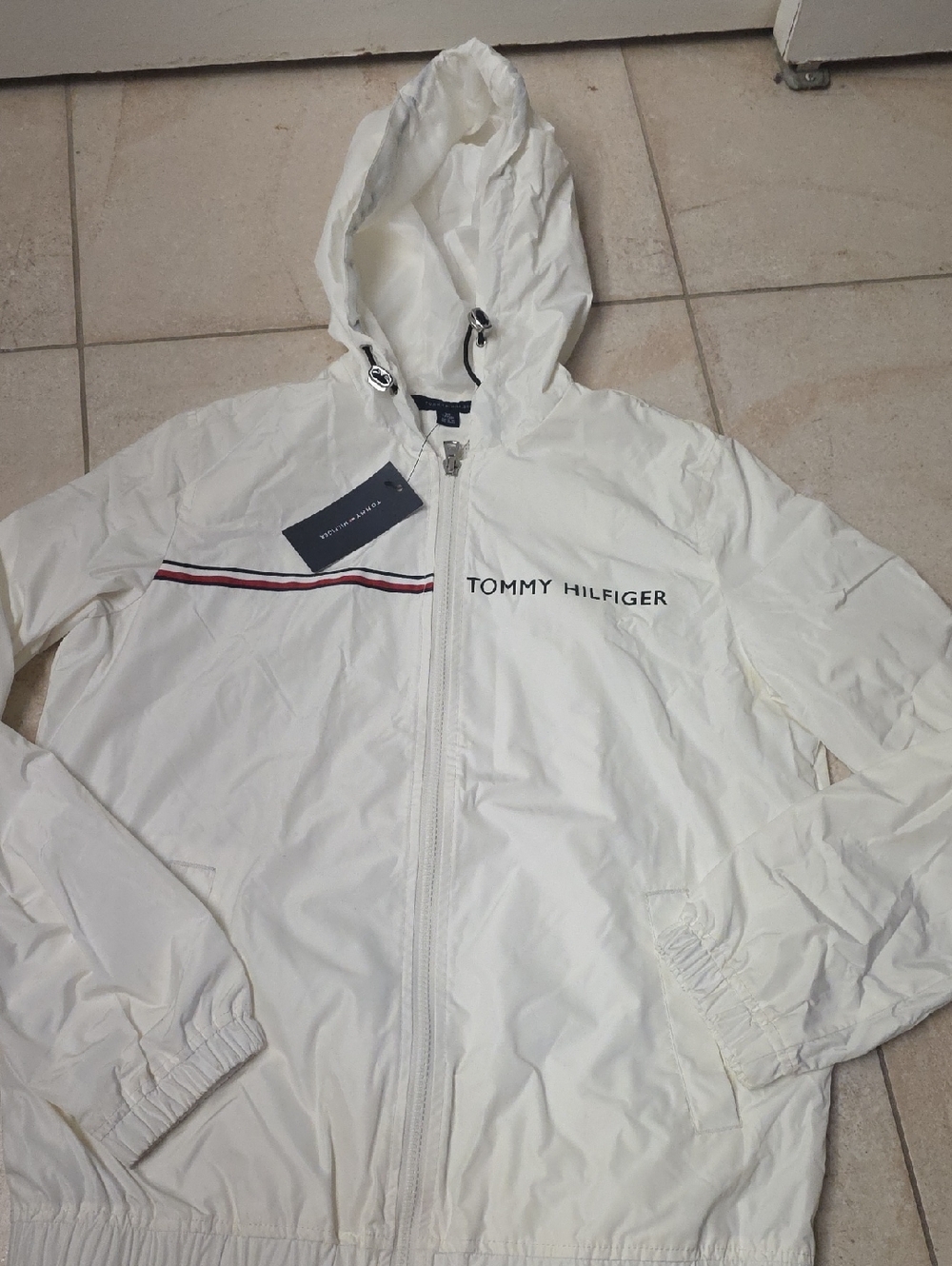 Tommy Hilfiger White Hooded Windbreaker with Signature Stripe